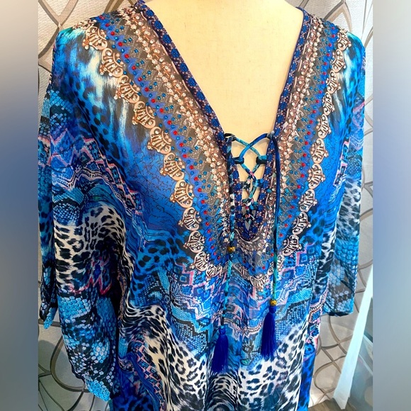 NWT True Colours by La Moda Blue Cat Maxi Swim Cover Up Caftan Dress One SZ - Picture 4 of 10